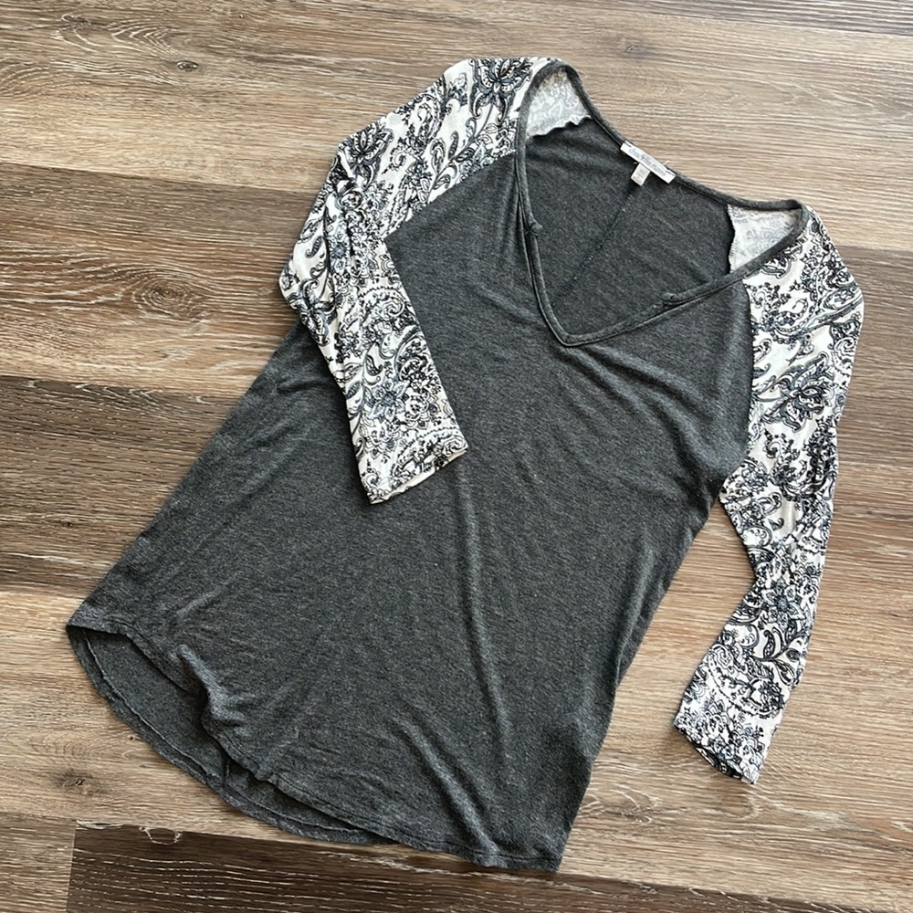 Grey and white paisley print baseball style top from Charlotte Russe